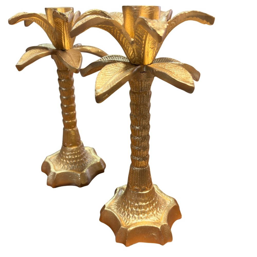 Gold Palm Tree Candle Holders Set 2 Metal Hollywood Regency Taper Candlestick 8" - Picture 9 of 9